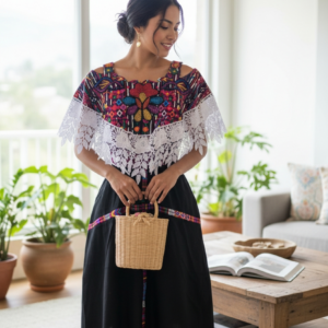 VESTIDO DE BLONDA CON DETALLES PERLADOS (UNITALLA)
