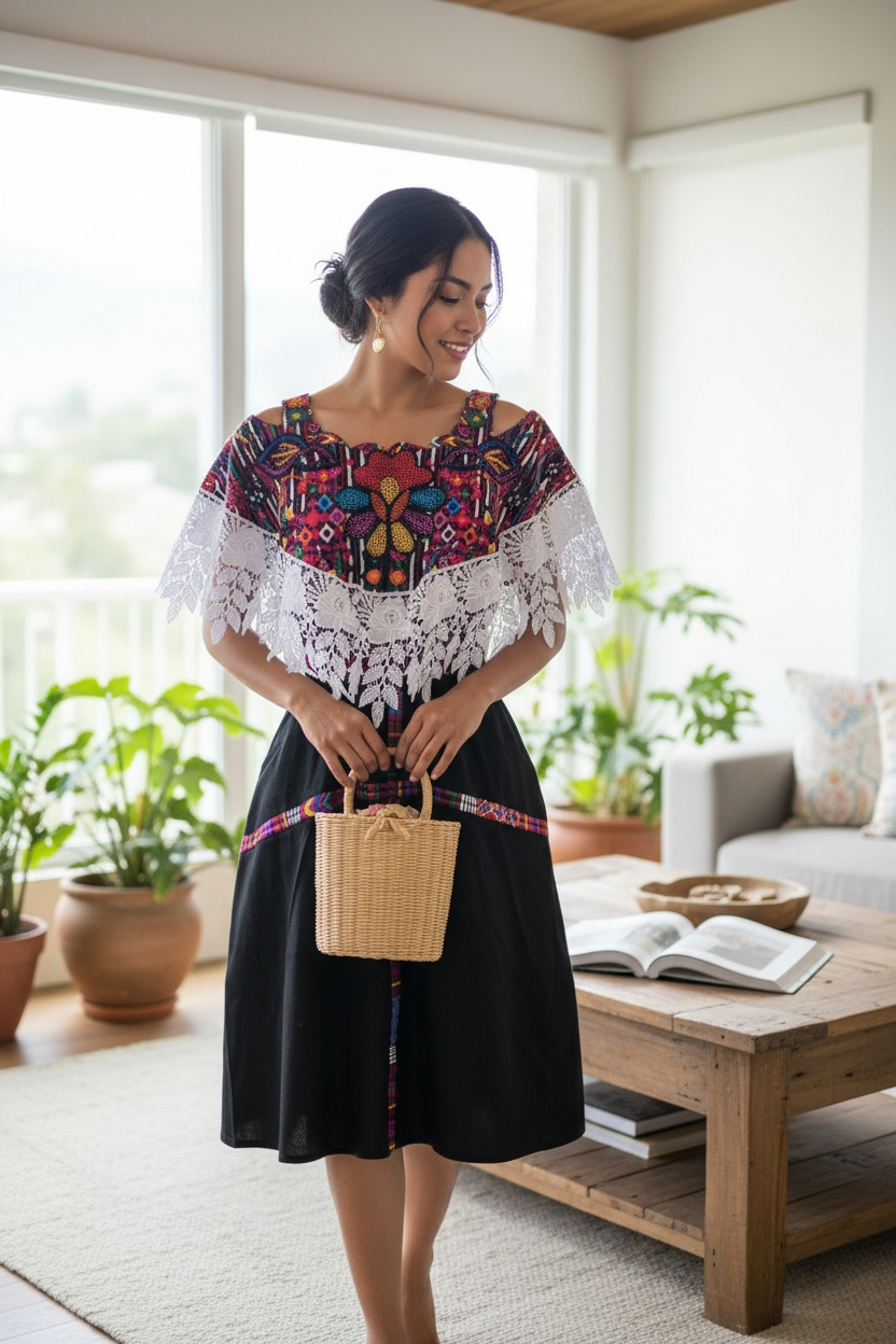 VESTIDO DE BLONDA CON DETALLES PERLADOS (UNITALLA)