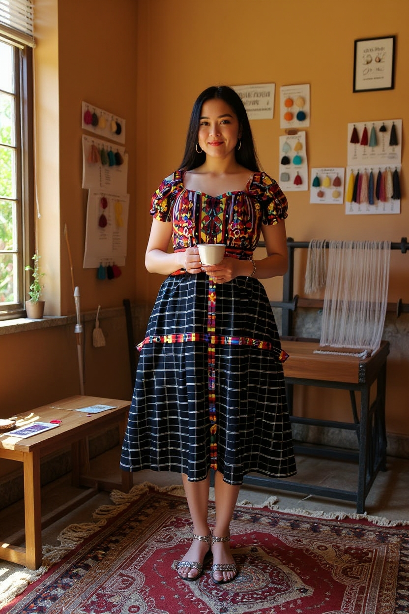 Vestido de Falda Media Campana con Blusa de Hombros Caídos y Faja TECPAN Y SAN JUANERO - Image 3